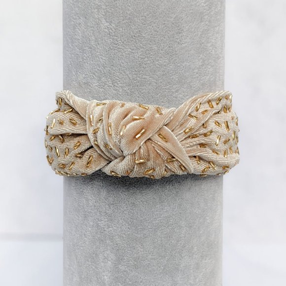 Gold Confetti Knot Velvet Headband Bugle Beads Handmade Knotted Turban Party main image 8